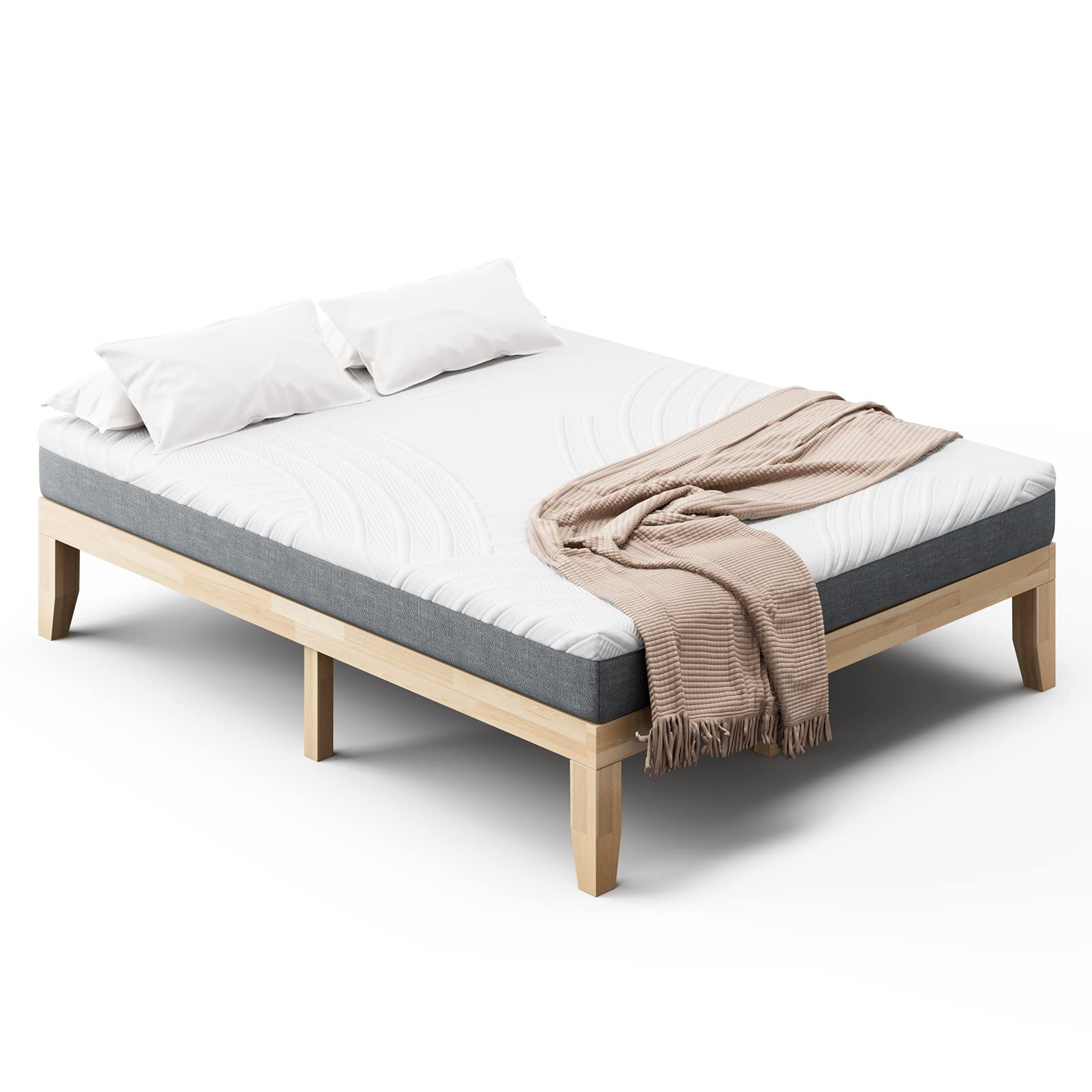 KOMFOTT Bed with 8-Inch Mattress, Solid Wood Platform Bed Frame with Cooling-Gel Memory Foam Mattress