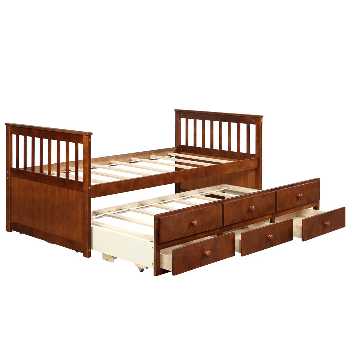 KOMFOTT Wooden Captain Bed Twin Size with Drawers and Trundle Bed