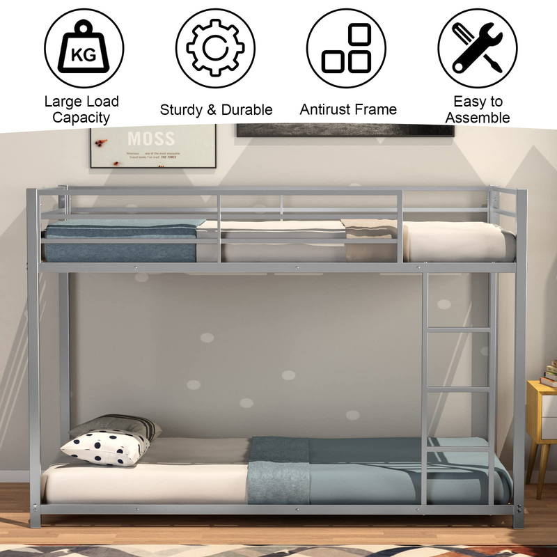 KOMFOTT Bunk Bed Twin Over Twin Metal Bed - Sturdy Steel Bed Frame with Stairs and Guard Rails Heavy Duty Space