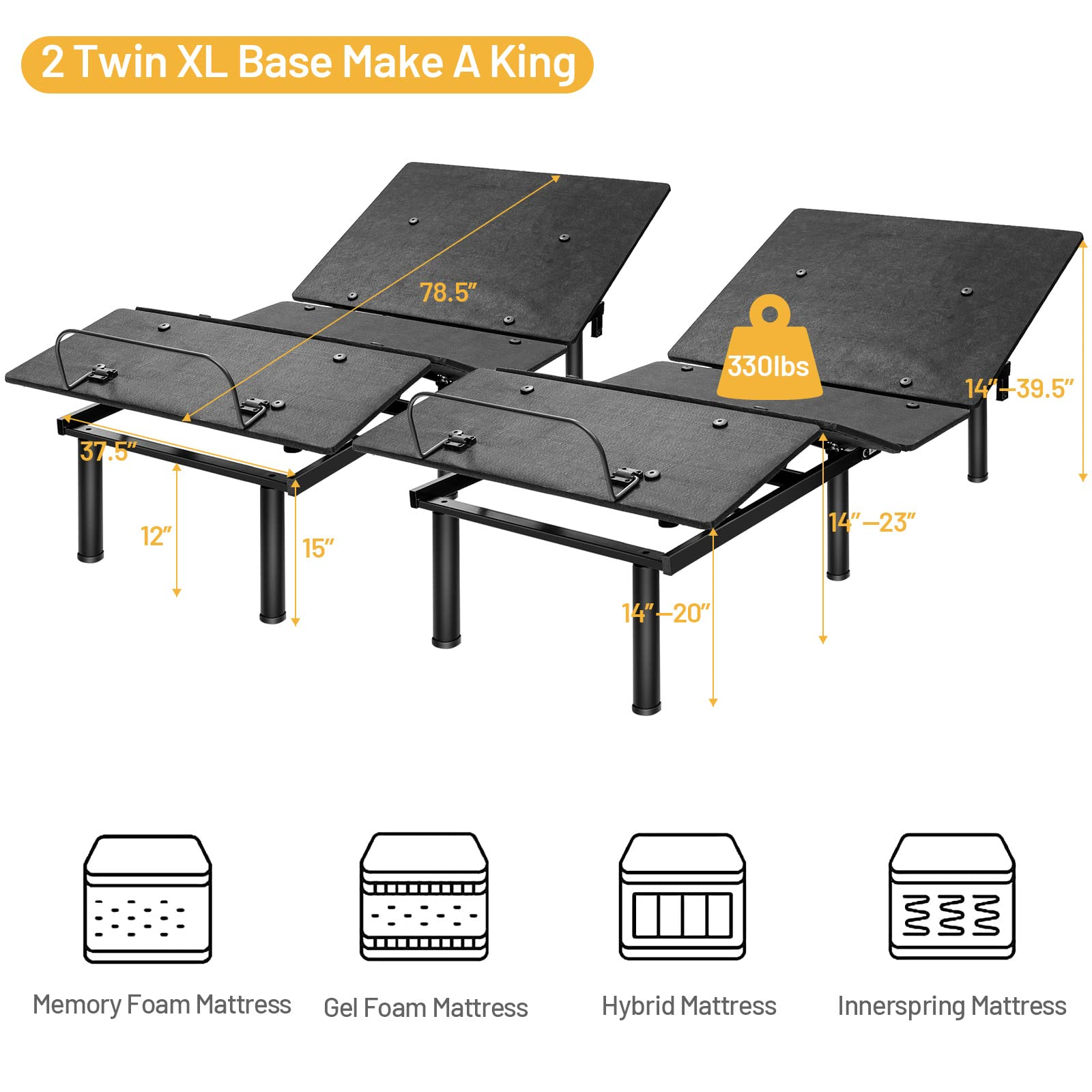 KOMFOTT Electric Bed Frame w/ Dual USB Ports & Under Bed LED Lights Adjustable Head & Foot for Home Dormitory