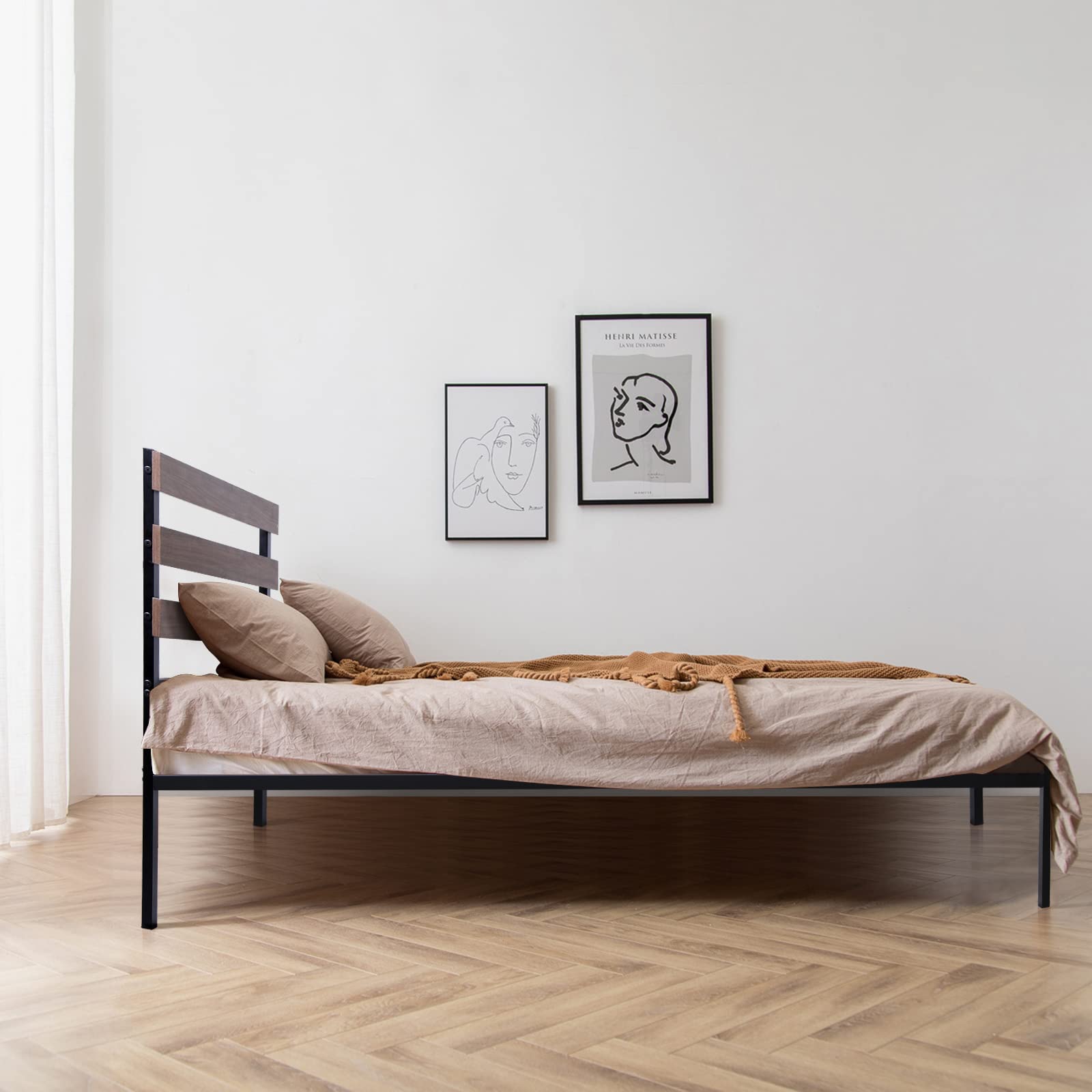 KOMFOTT Metal Bed Frame with Wood Headboard and Slats