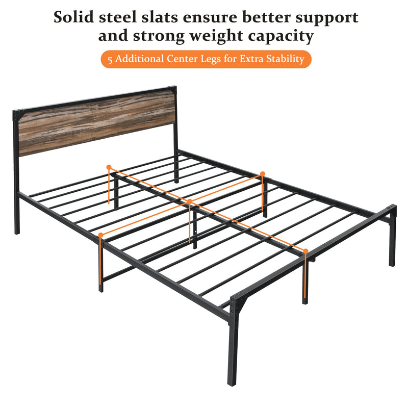 KOMFOTT Metal Bed Frame with Wood Headboard, No Box Spring Needed, Easy Assembly