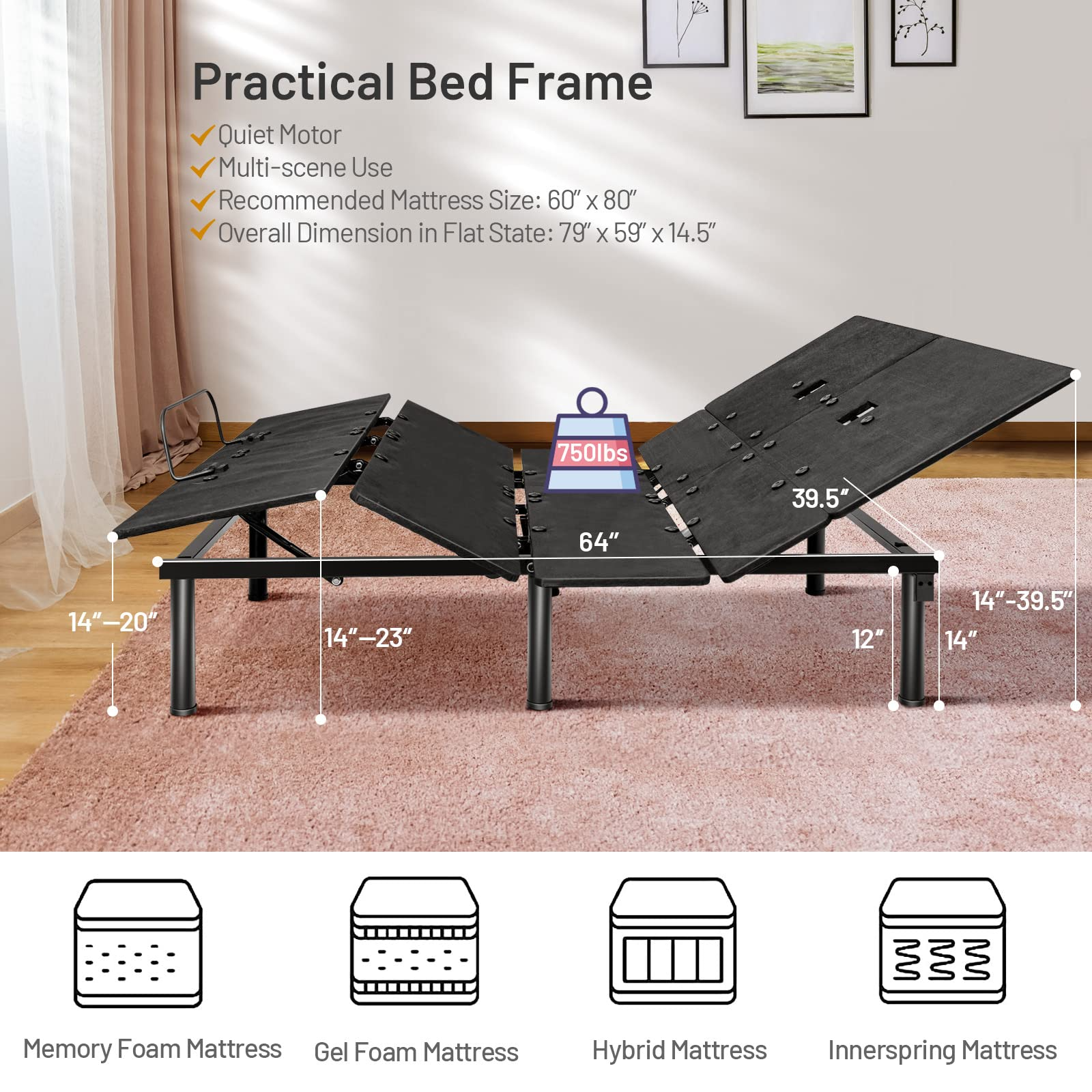 KOMFOTT Electric Bed Frame w/ Dual USB Ports & Under Bed LED Lights Adjustable Head & Foot for Home Dormitory