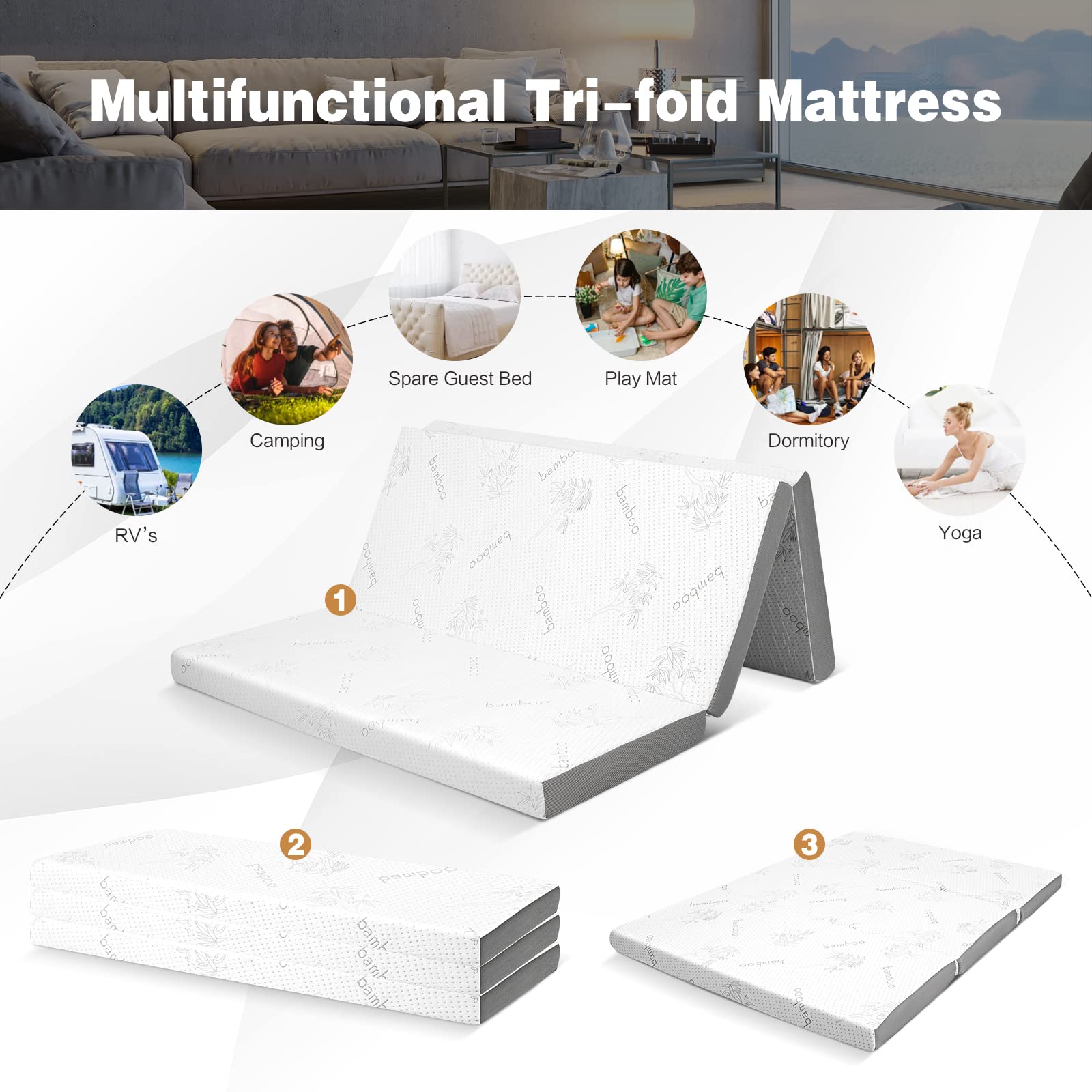 KOMFOTT 4" Tri-Folding Mattress with Storage Bag, Cool Gel Memory Foam Mattress with Bamboo Cover