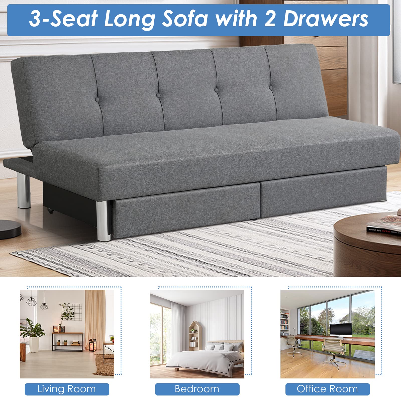 KOMFOTT 3-Seat & 3 Adjustable Angles Convertible Sofa Bed w/ 2 Large Drawers