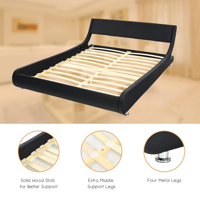 KOMFOTT Bed Frame, Upholstered Mattress Foundation with Adjustable Headboard, Faux Leather Platform Bed