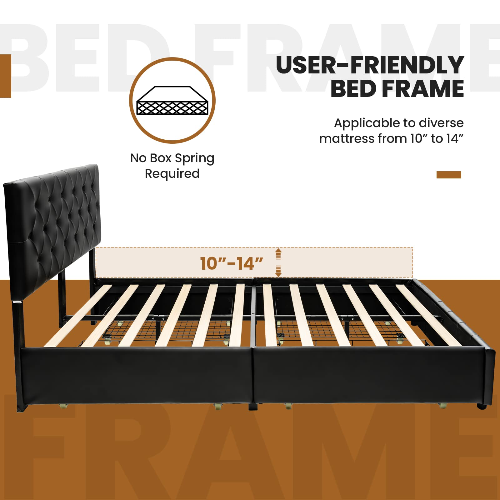 KOMFOTT Upholstered PU Leather Platform Bed Frame with 4 Storage Drawers