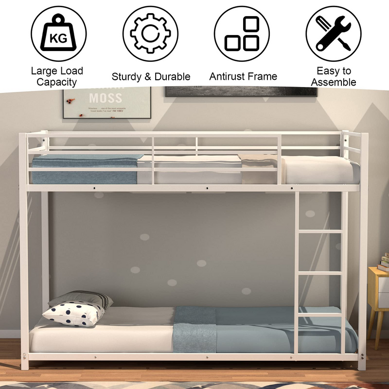 KOMFOTT Bunk Bed Twin Over Twin Metal Bed - Sturdy Steel Bed Frame with Stairs and Guard Rails Heavy Duty Space