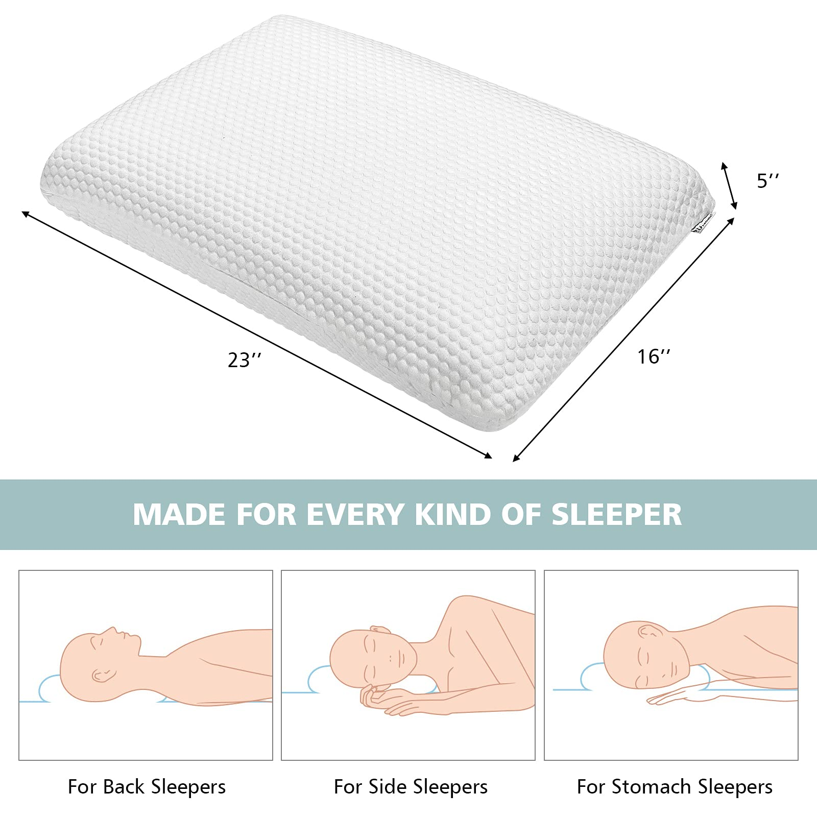 KOMFOTT Memory Foam Pillow, Ventilated Comfortable Ergonomic Bed Pillow w/ Zippered Washable Cover