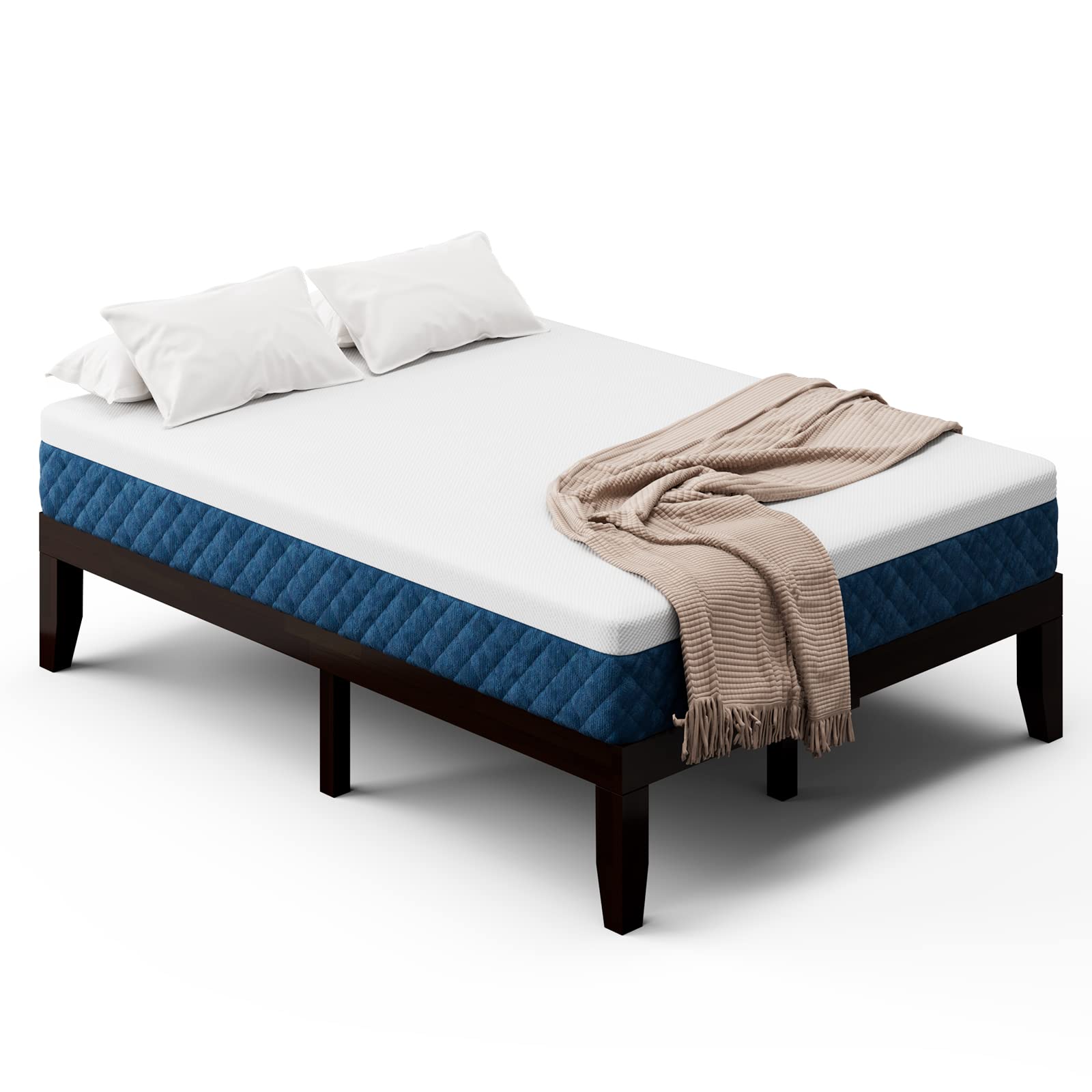 KOMFOTT Bed with 10-Inch Mattress, Solid Wood Platform Bed Frame with Gel Memory Foam Mattress