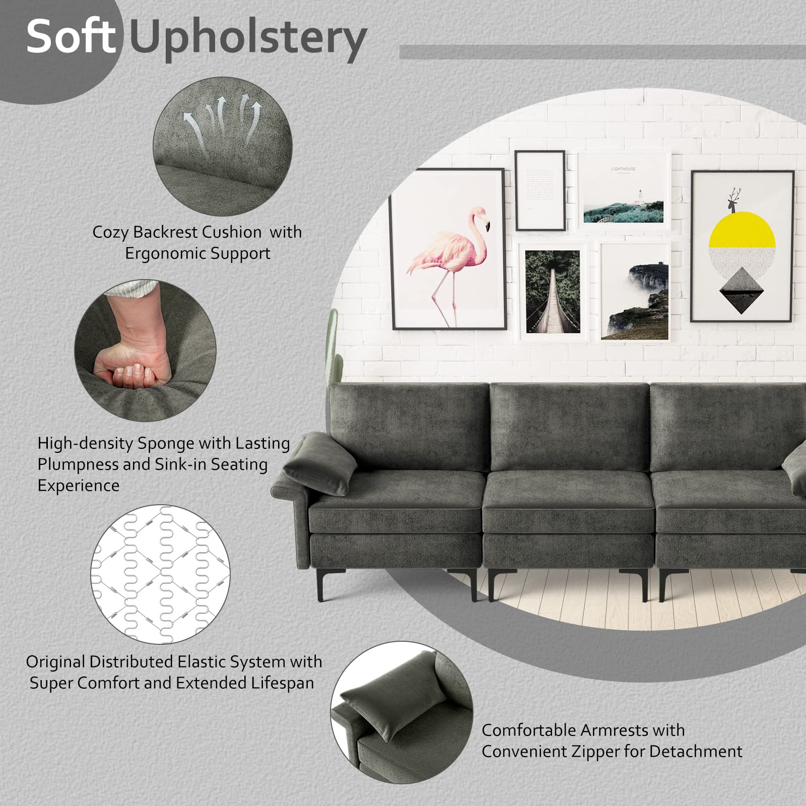 KOMFOTT 100.5 Inch Large Sectional Sofa, 3 Seat Couch with 3-Hole Outlet & 2 USB Ports