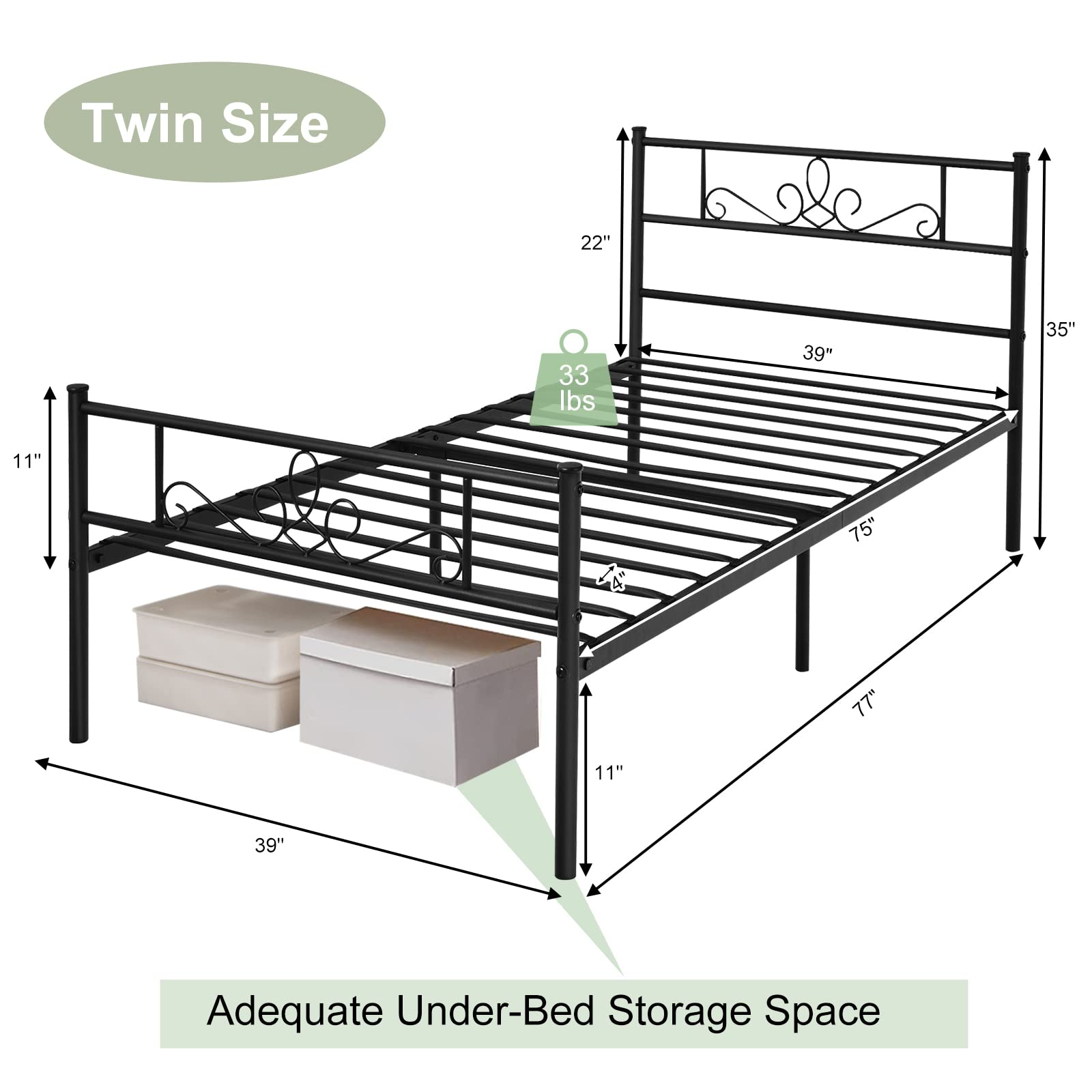 KOMFOTT Metal Bed Frame, Modern Platform Bed w/ Decorative Headboard & Footboard