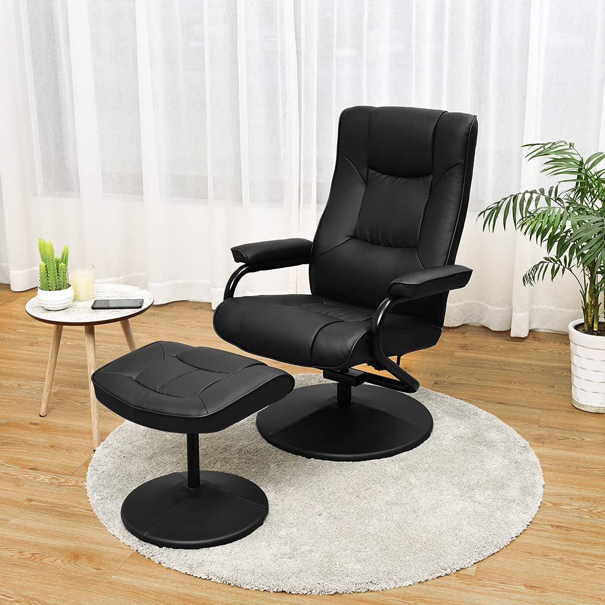 KOMFOTT Recliner Chair w/Ottoman, 360 Degree Swivel PU Leather Armchair w/Footrest