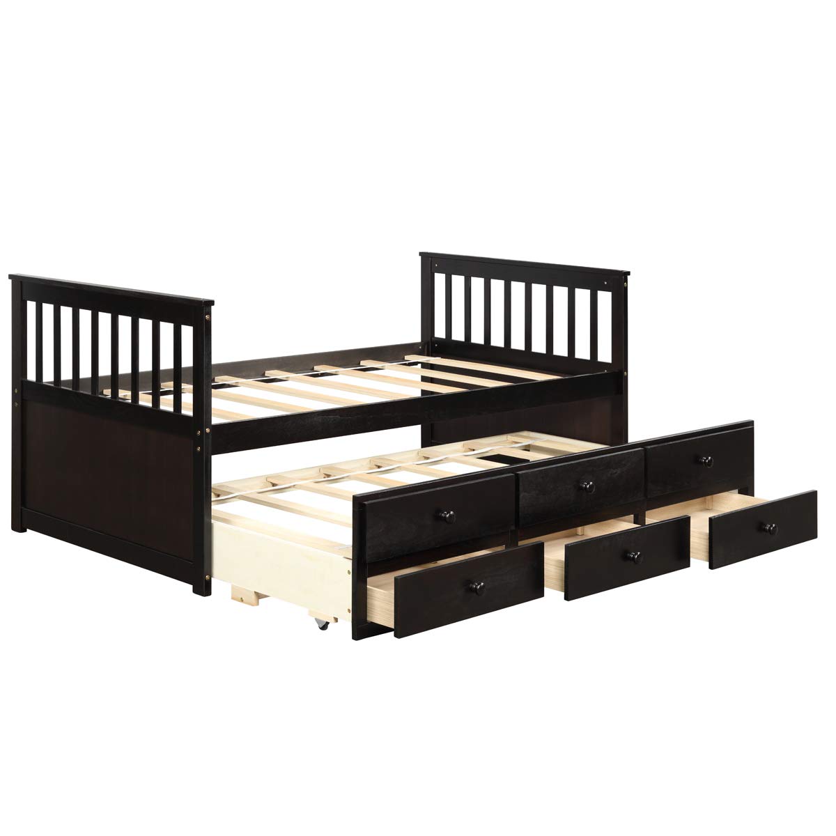 KOMFOTT Twin Size Wooden Captain Daybed with Drawers and Trundle Bed