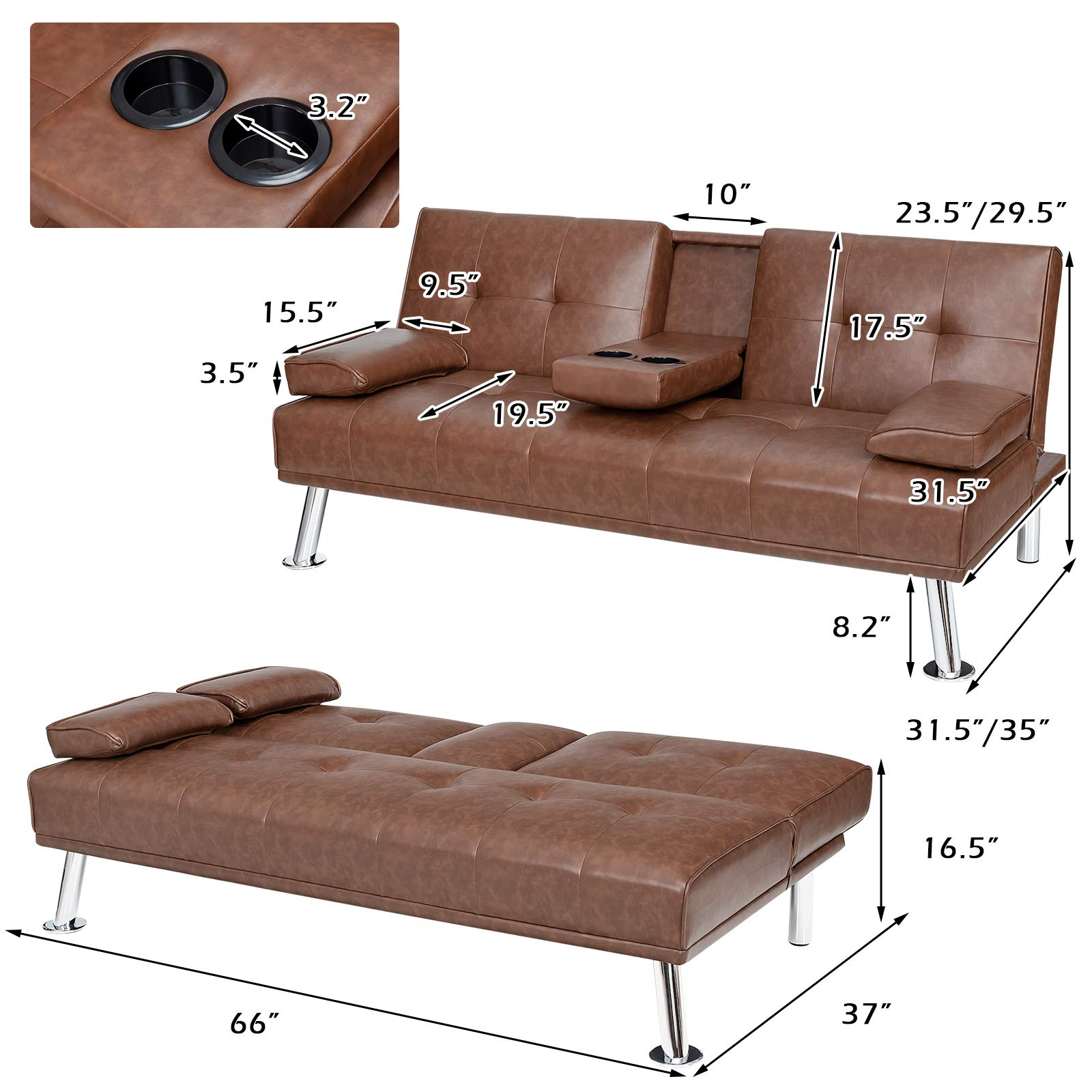 KOMFOTT Leather Convertible Futon Sofa Bed with Removable Armrests and 2 Cup Holders