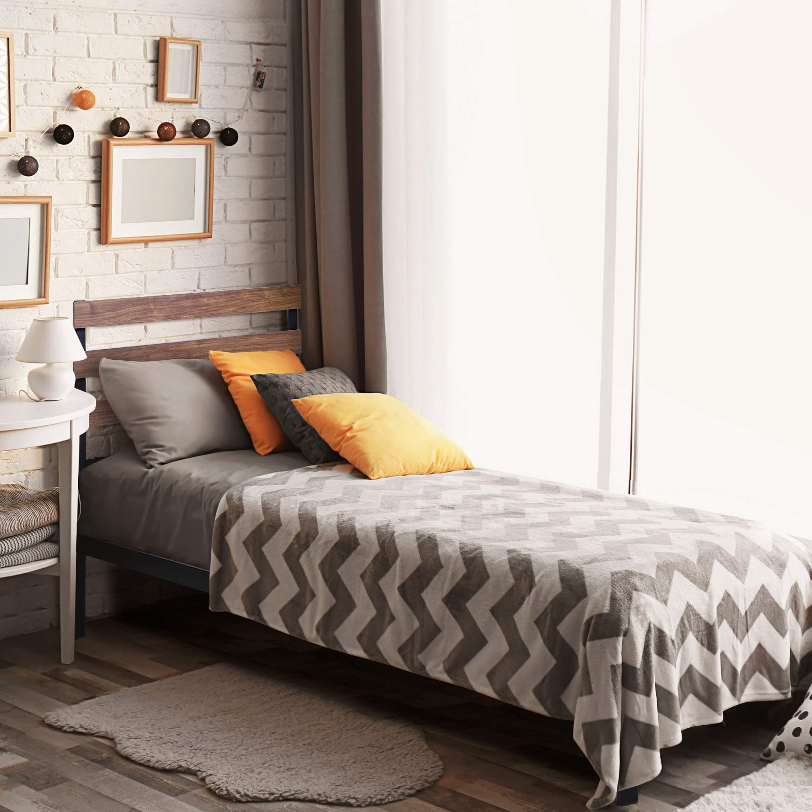 KOMFOTT Metal Bed Frame with Wood Headboard and Slats