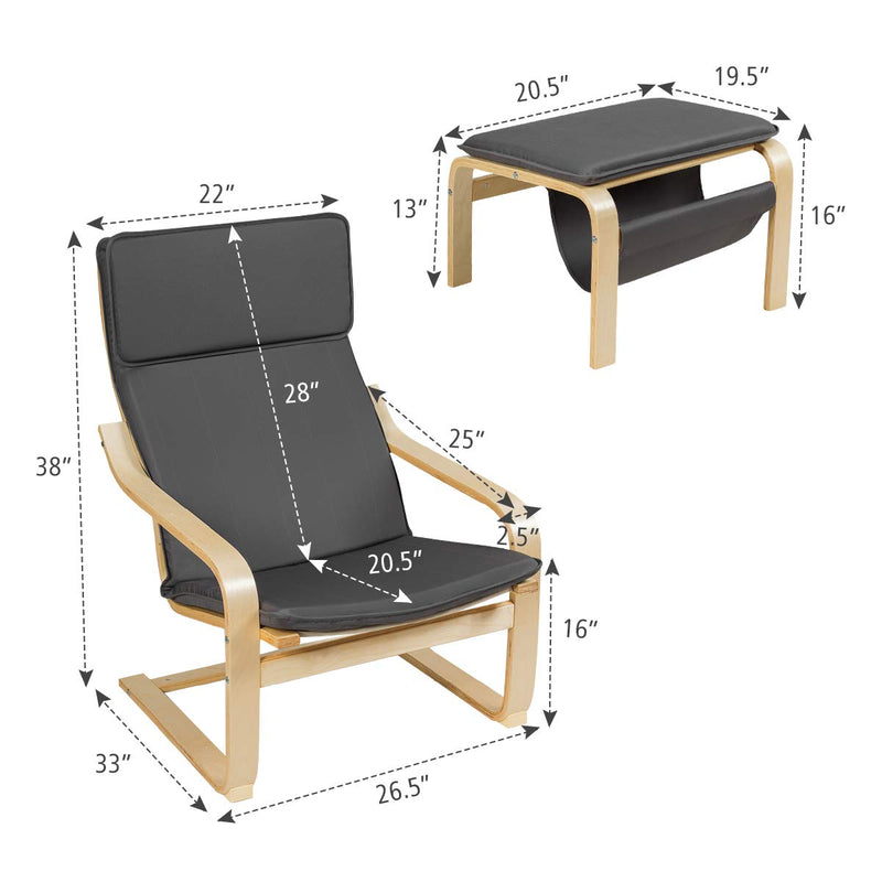 KOMFOTT Wooden Lounge Chair with Ottoman, Modern Accent Armchair Leisure Chair with Removable Cushion