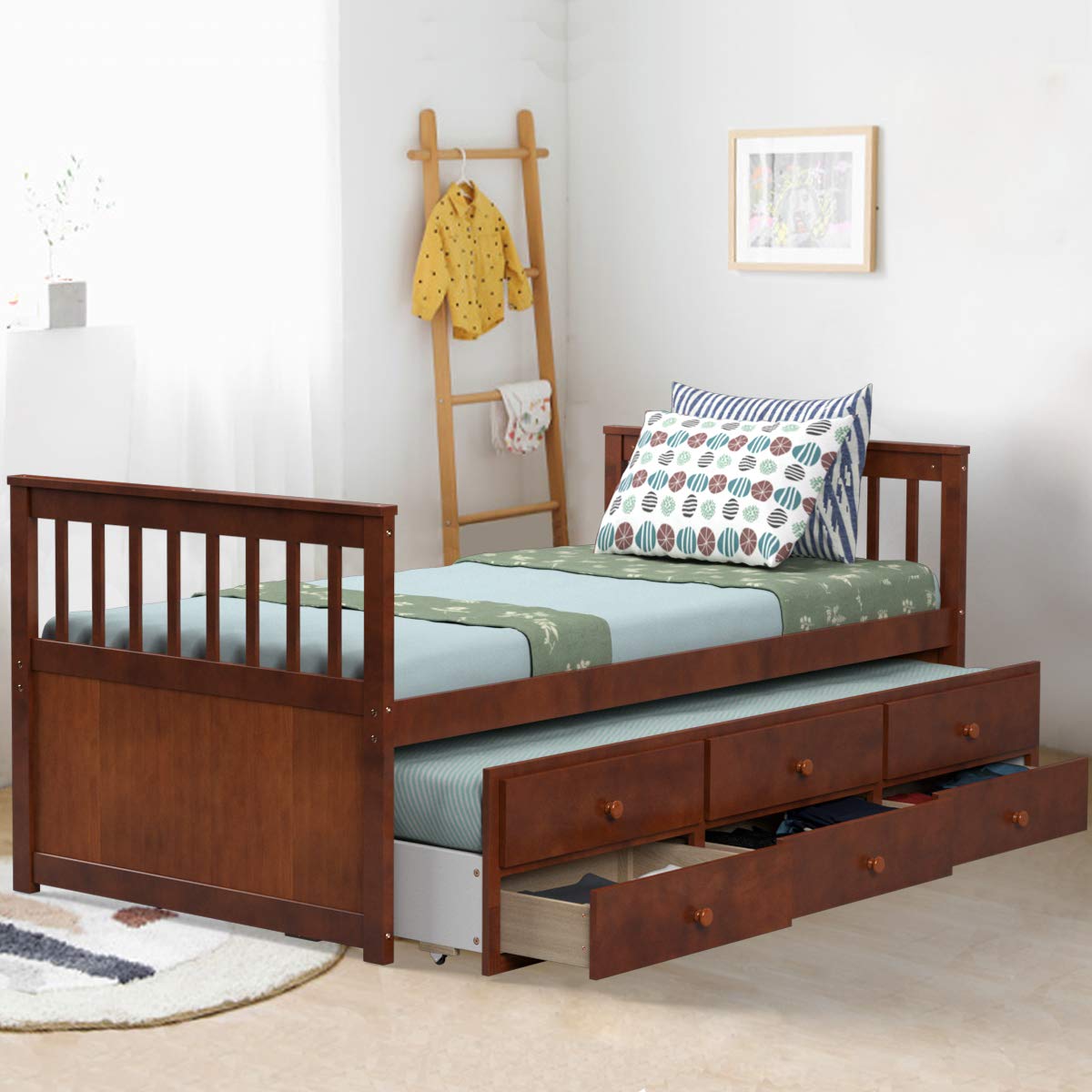 KOMFOTT Wooden Captain Bed Twin Size with Drawers and Trundle Bed