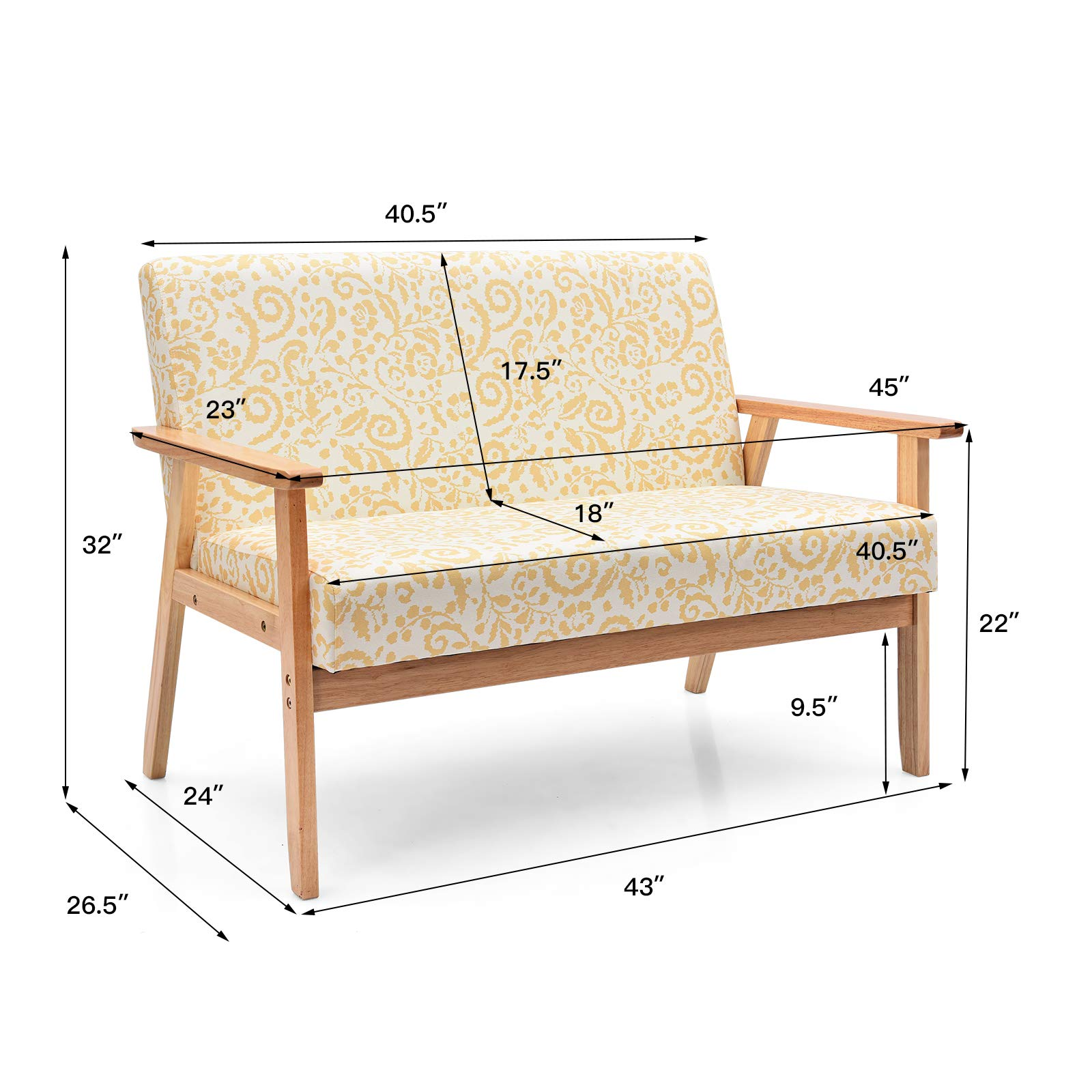 KOMFOTT 2-Seat Mid-Century Upholstered Wooden Loveseat w/Rubber Wood