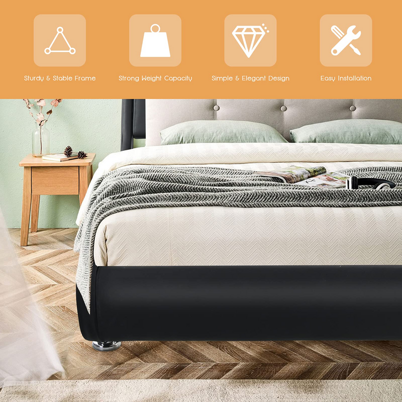 KOMFOTT Bed Frame, Upholstered Mattress Foundation with Adjustable Headboard, Faux Leather Platform Bed