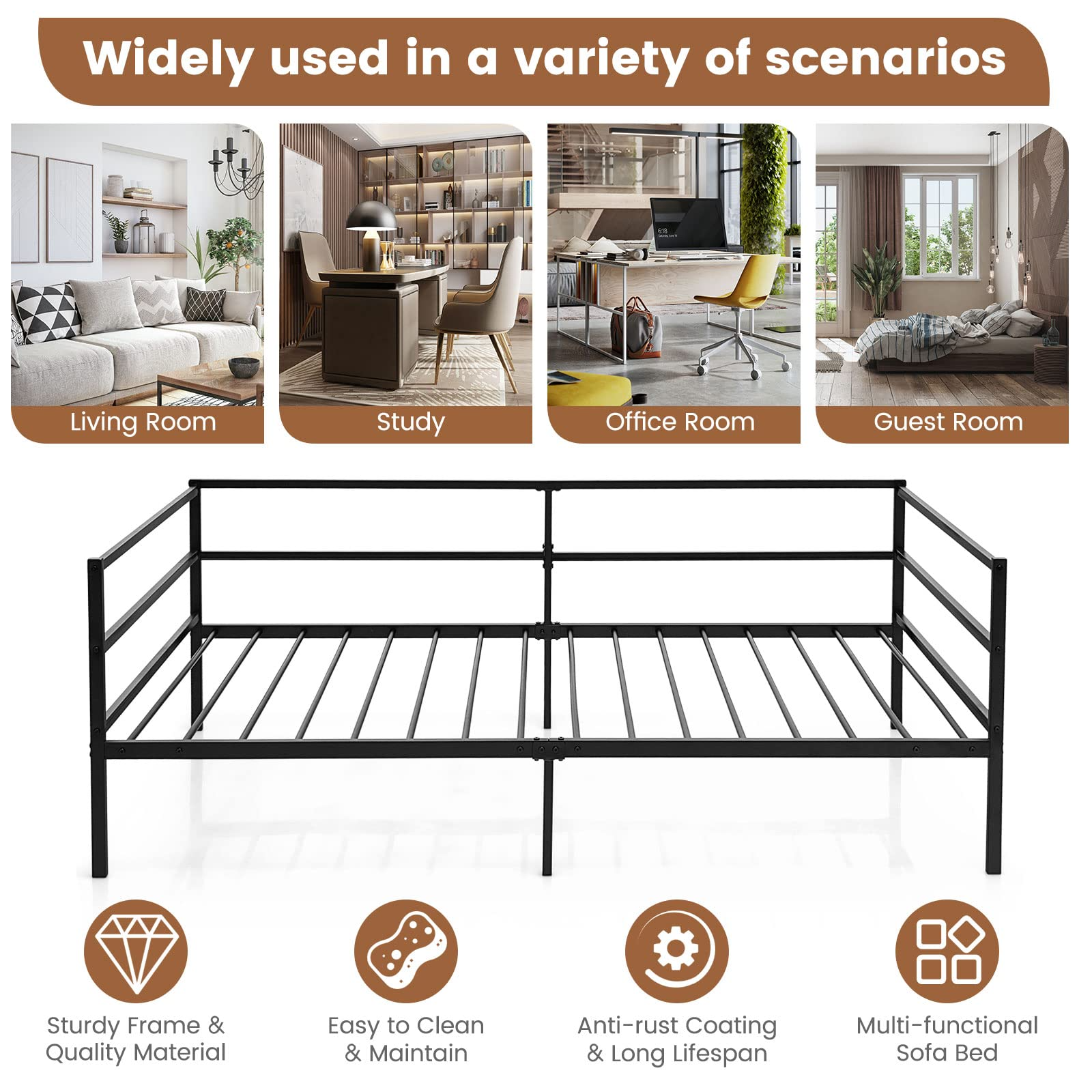 KOMFOTT Metal Daybed Frame Twin Size, Heavy-Duty Steel Slats Support Sofa Bed