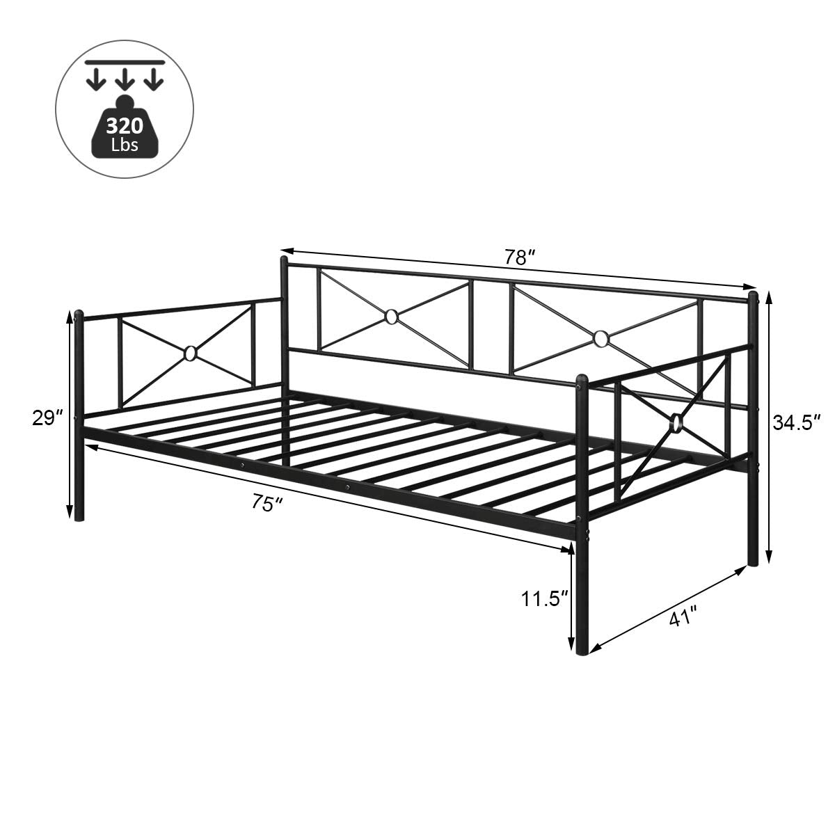 KOMFOTT Metal Daybed Twin Bed Frame w/ Headboard, Stable Steel Slats Support