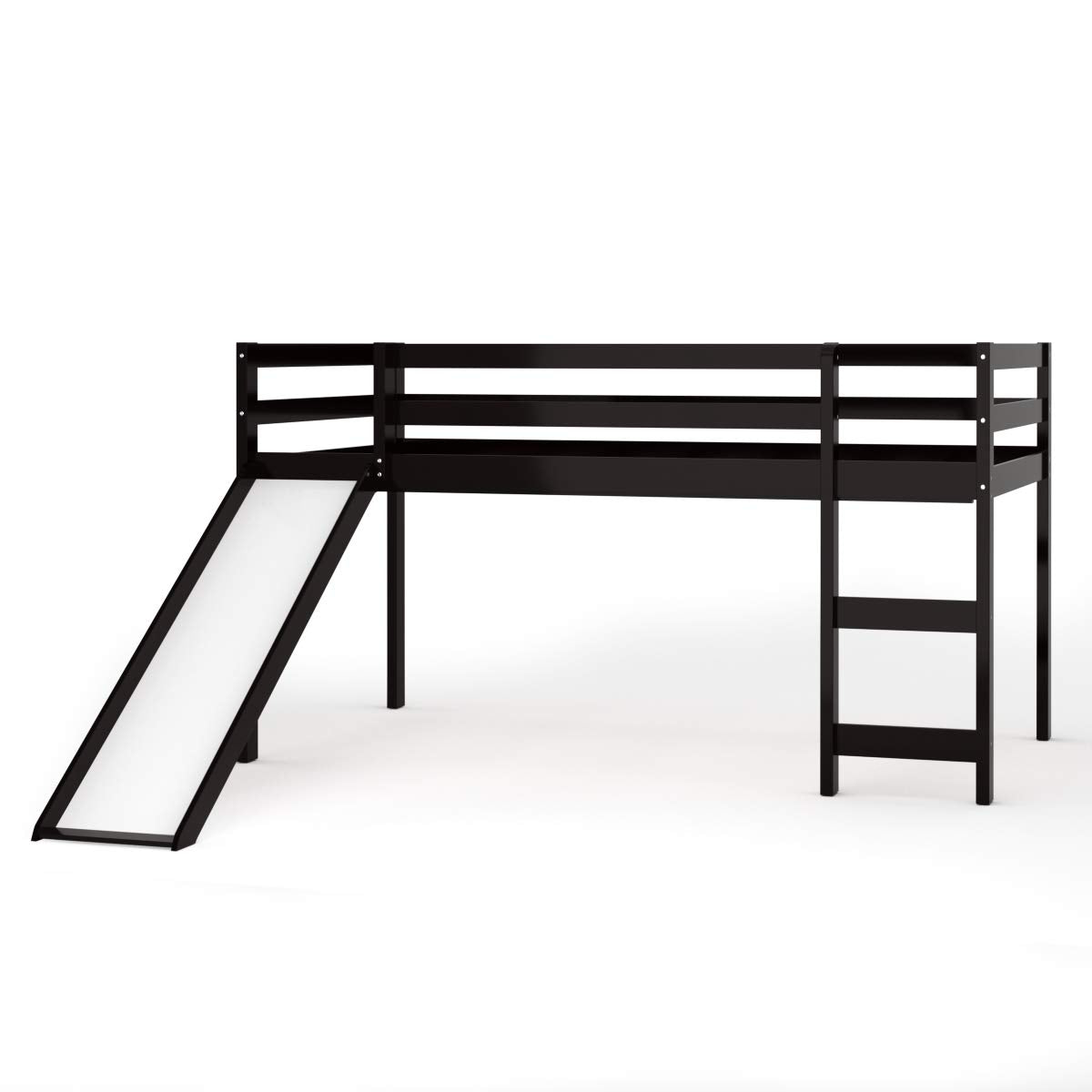 KOMFOTT Twin Size Wood Low Loft Bed with Slide, Ladder & Guard Rail