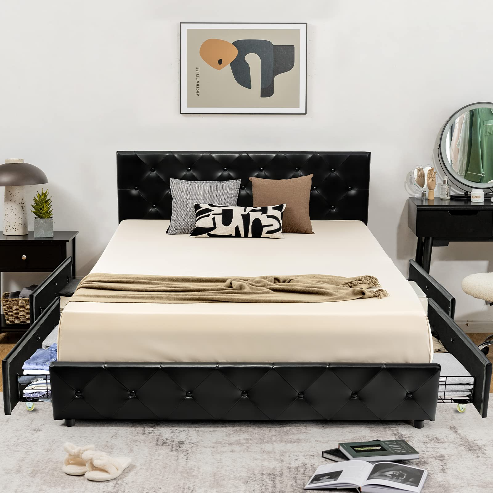 Upholstered PU Leather Platform Bed Frame w/ 4 Storage Drawers