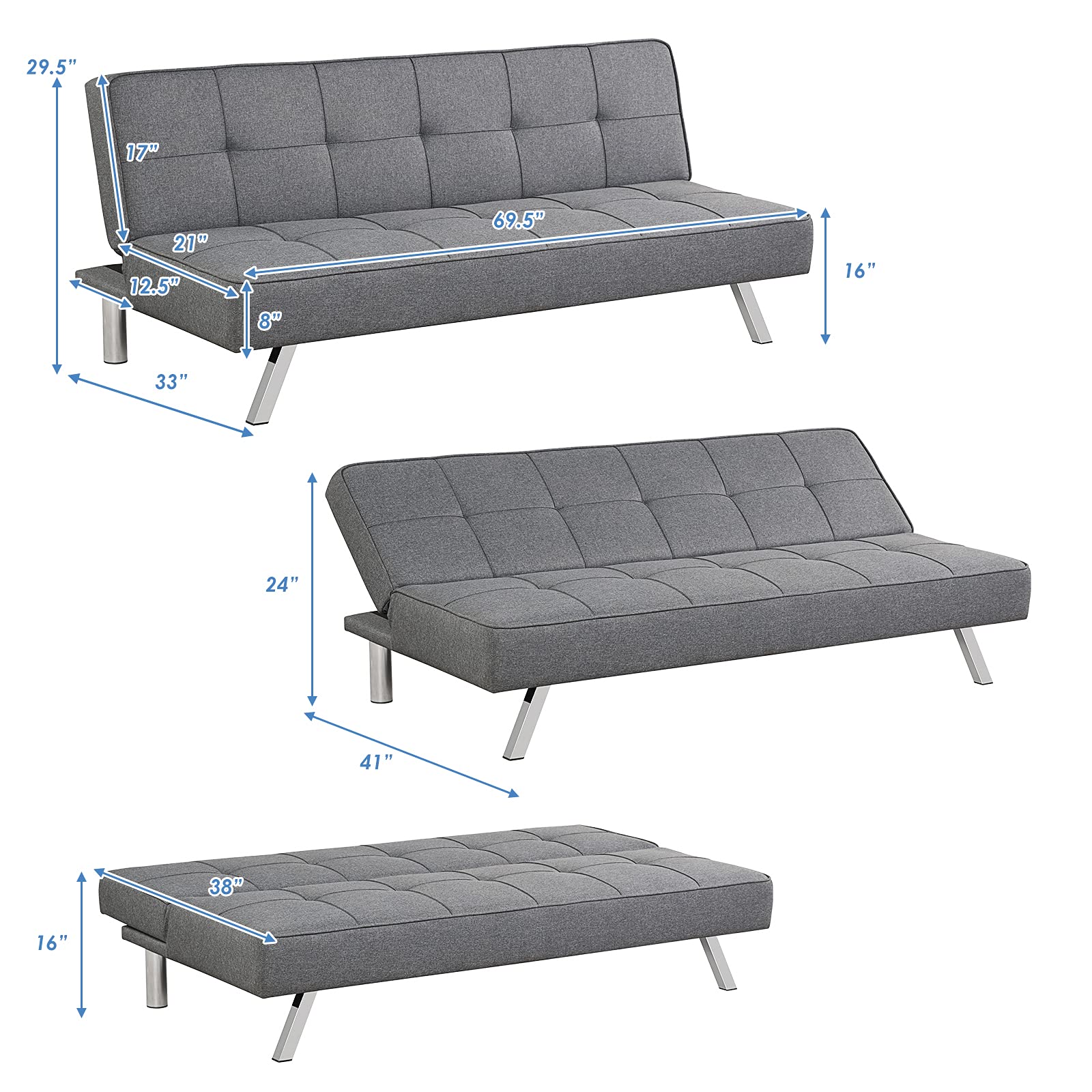 KOMFOTT 3 Seater Convertible Sofa Bed with 3 Adjustable Angles