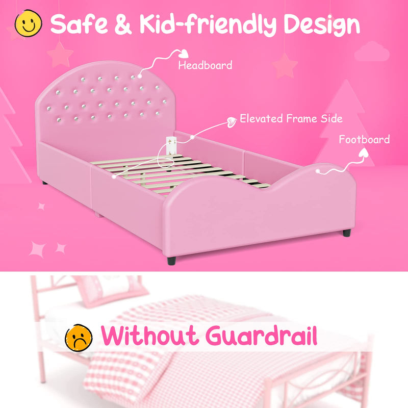 KOMFOTT Kids Twin Bed Frame with Headboard, Toddler Upholstered Platform Bed with Slatted Bed Base