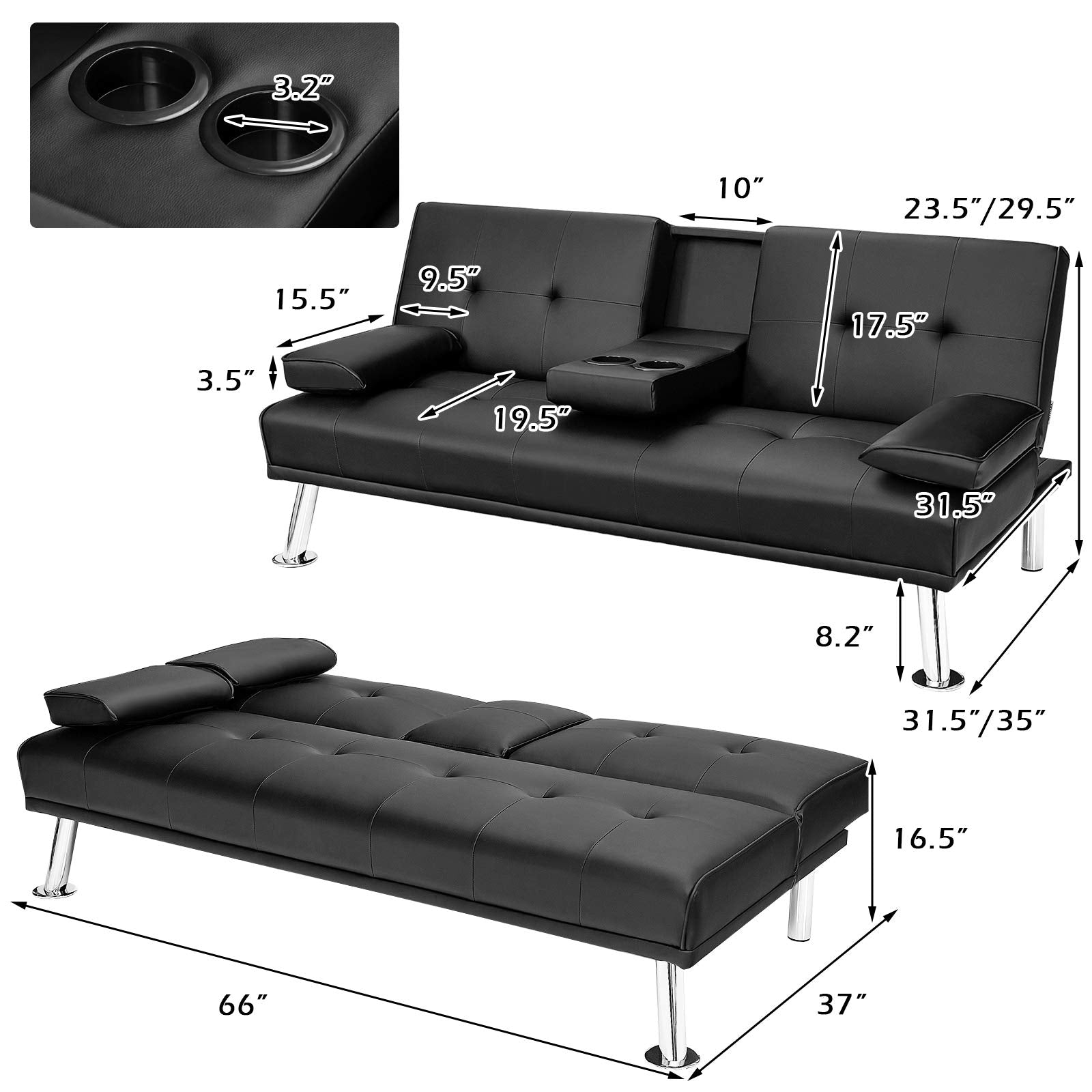 KOMFOTT Leather Convertible Futon Sofa Bed with Removable Armrests and 2 Cup Holders