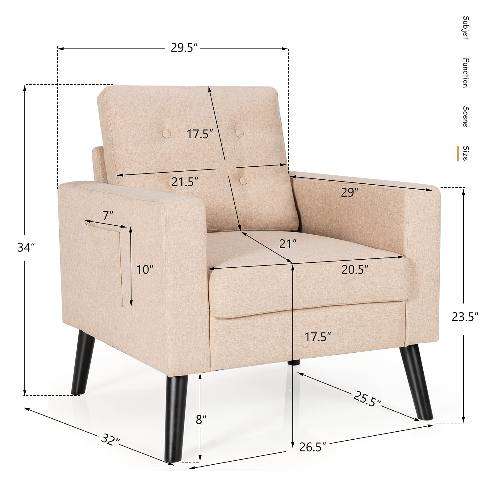 KOMFOTT Linen Fabric Armchairs with Side Pockets and Wood Legs | Modern Accent Chair