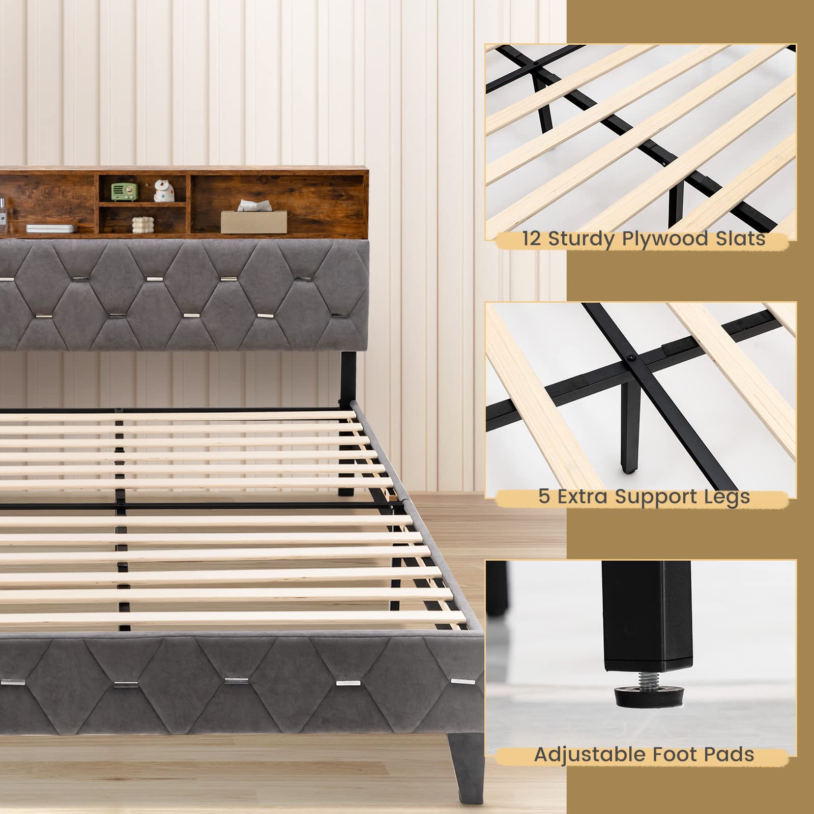 KOMFOTT Upholstered Full/Queen Bed Frame with Storage Headboard, Platform Bed Frame