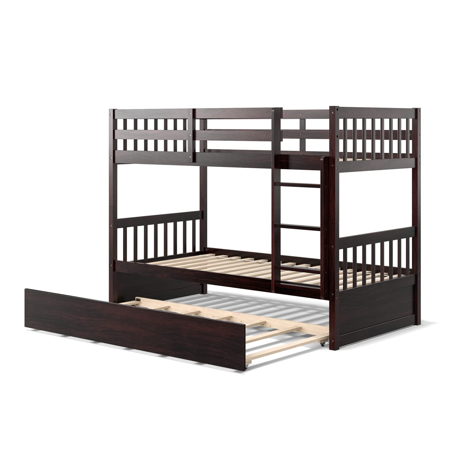 KOMFOTT Wood Bunk Bed with Trundle Twin Over Twin, Solid Pine Wood Bunk Bed Frame