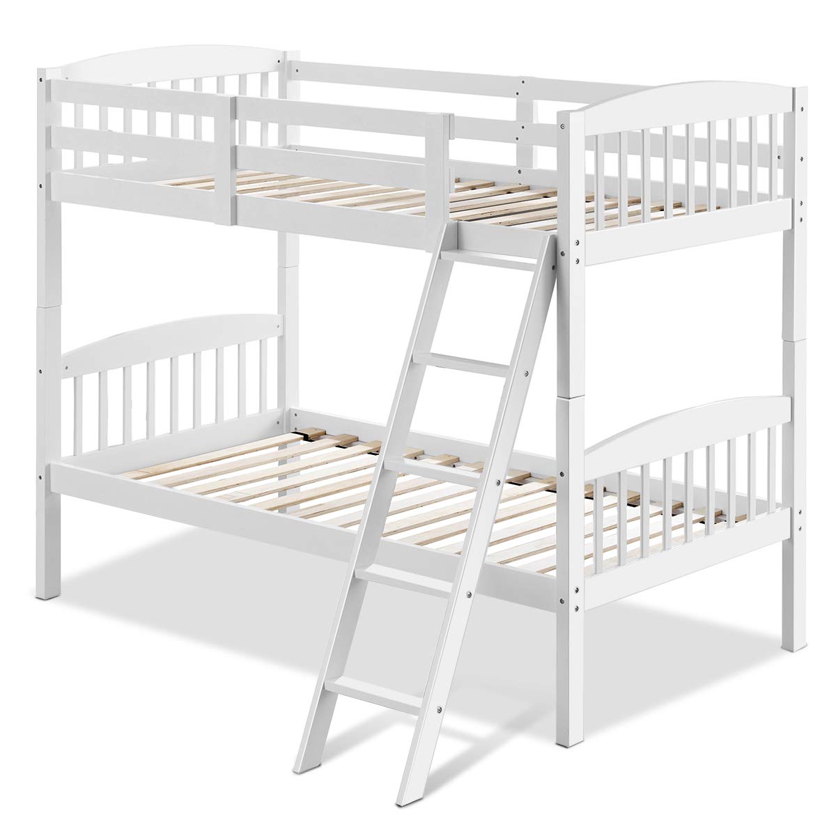 KOMFOTT Space-Saving Bunk Bed Convertible Into 2 Individual Beds, Solid Wood Bunk Bed Frame with Ladder & Safety Guardrails