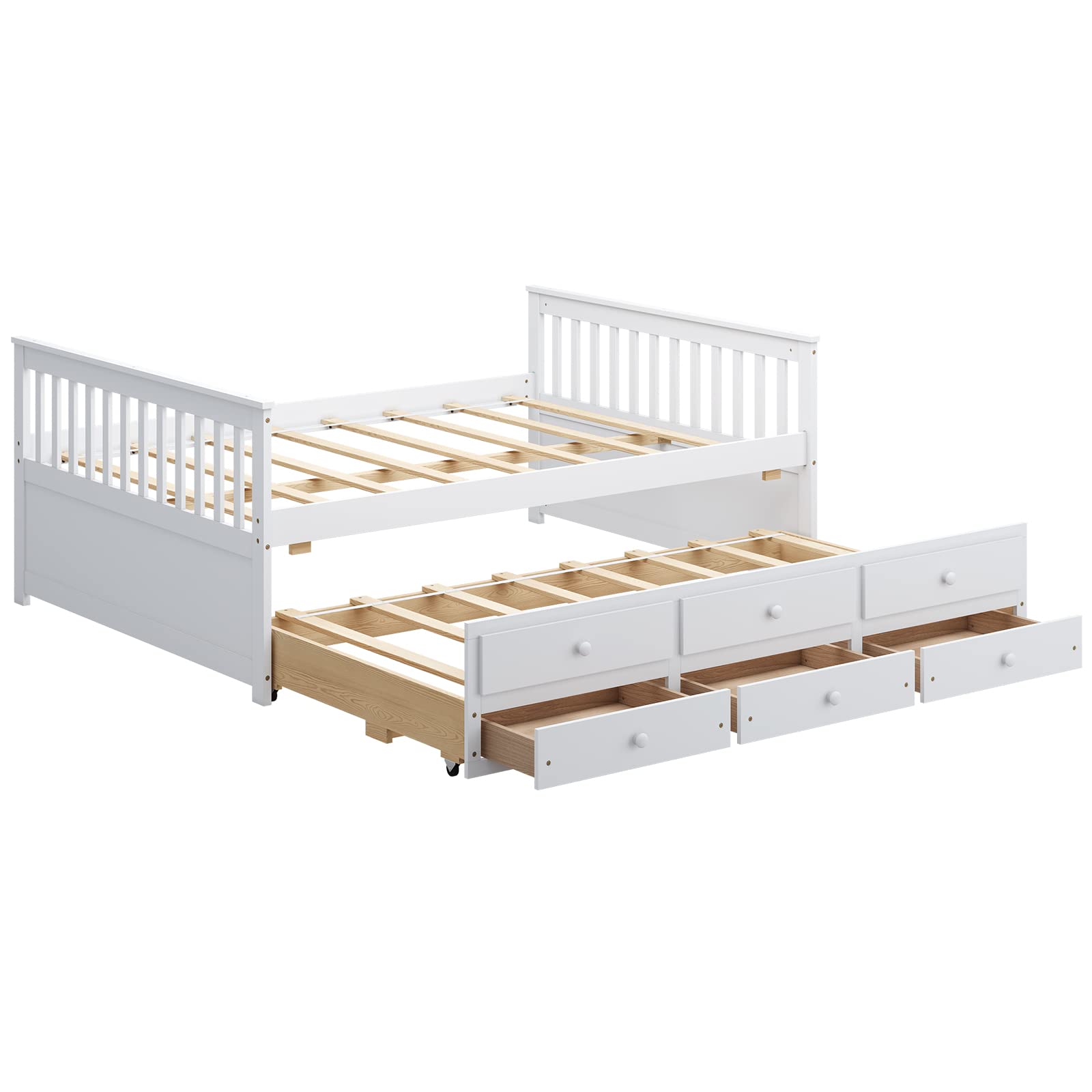 KOMFOTT Full Captain’s Bed with Trundle Bed, Wood Storage Daybed with 3 Storage Drawers