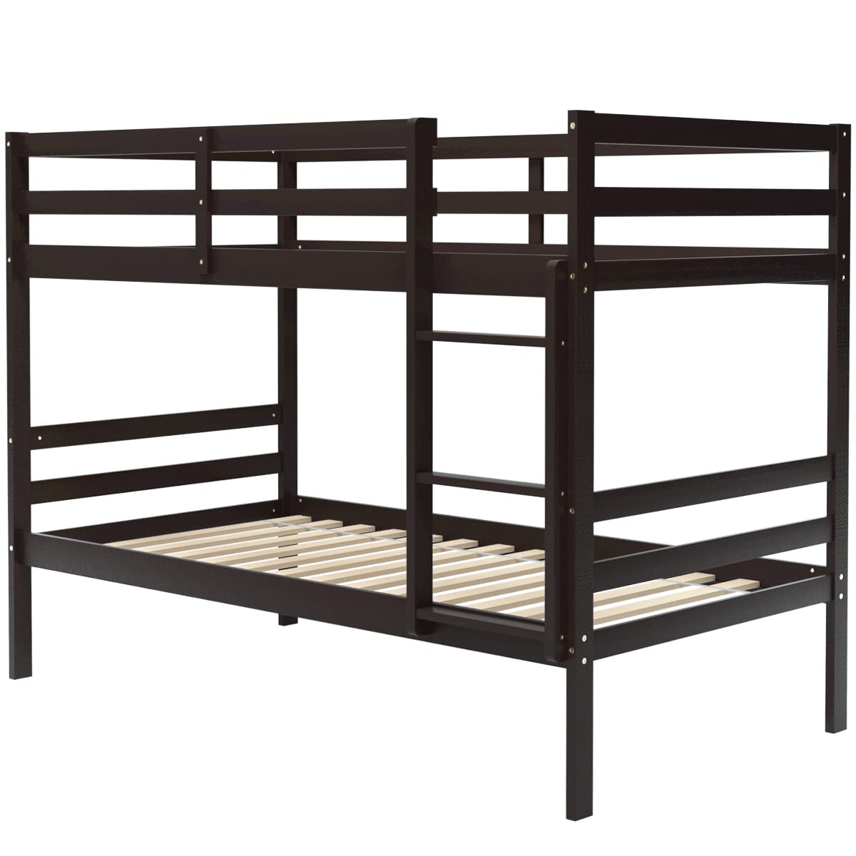 KOMFOTT Wooden Bunk Bed Twin Over Twin, Bunk Bed with Ladder & Safety Guardrail, Solid Wood Bed Frame