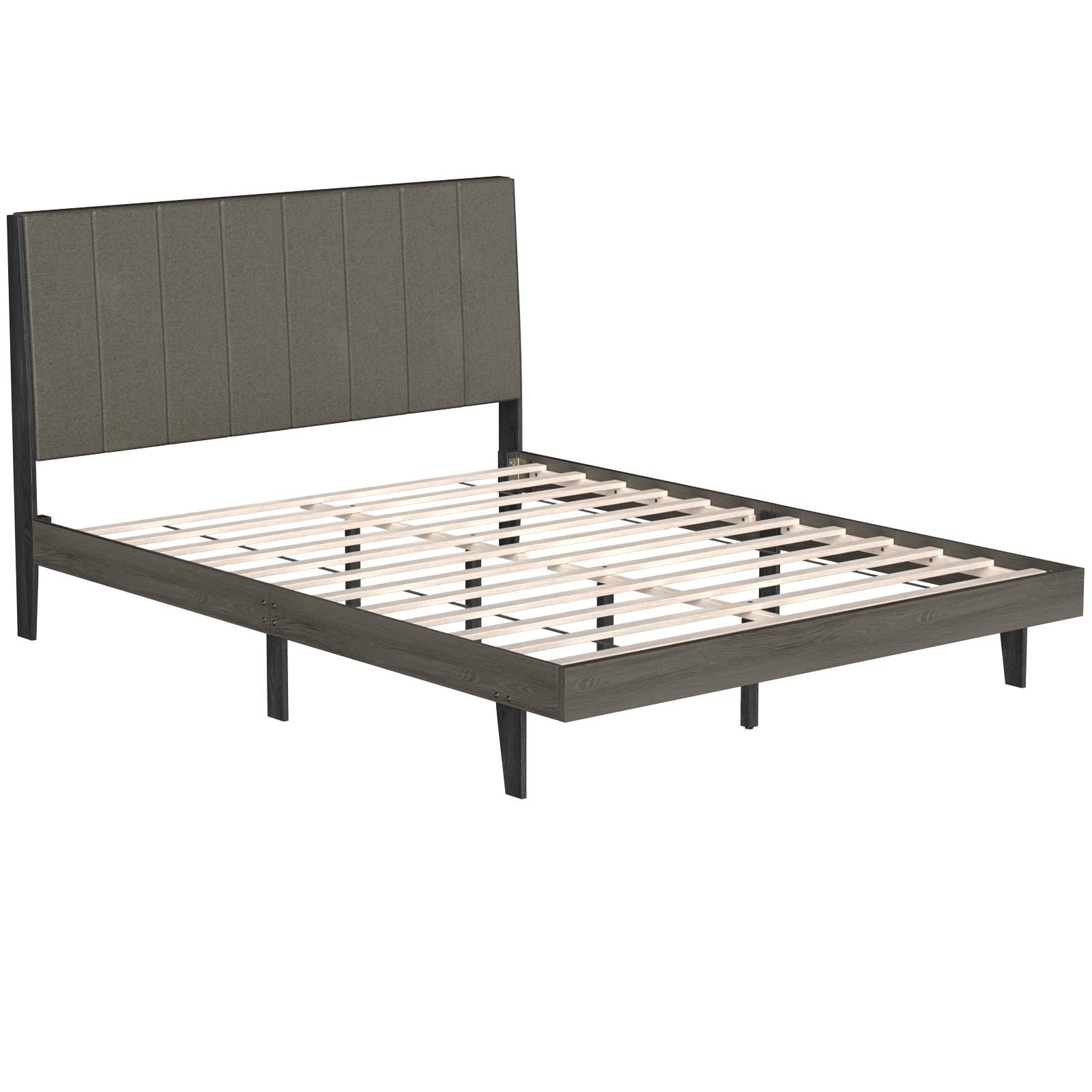 Upholstered Bed Frame, Wooden Slats Support Queen Mattress Foundation, Grey