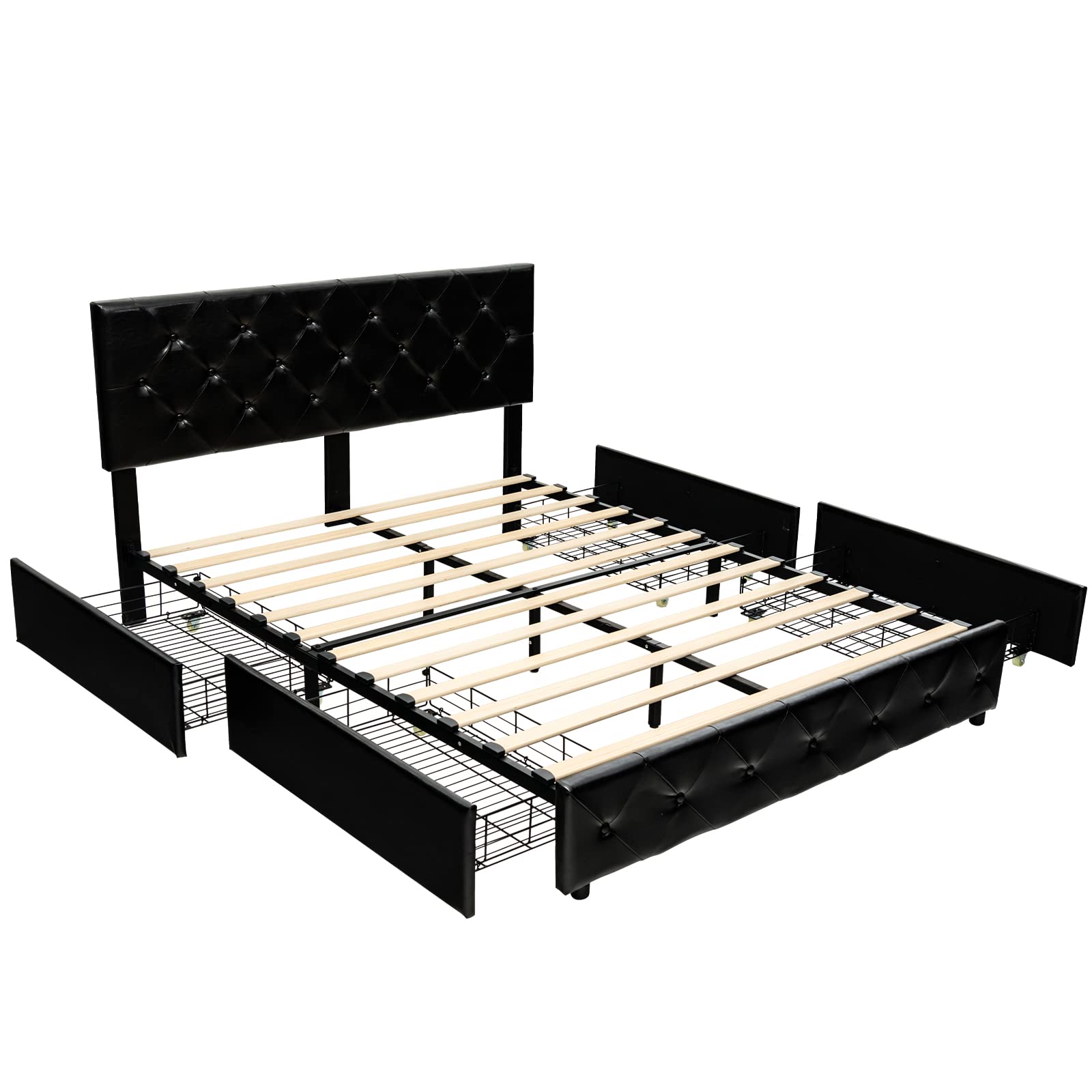 Upholstered PU Leather Platform Bed Frame w/ 4 Storage Drawers