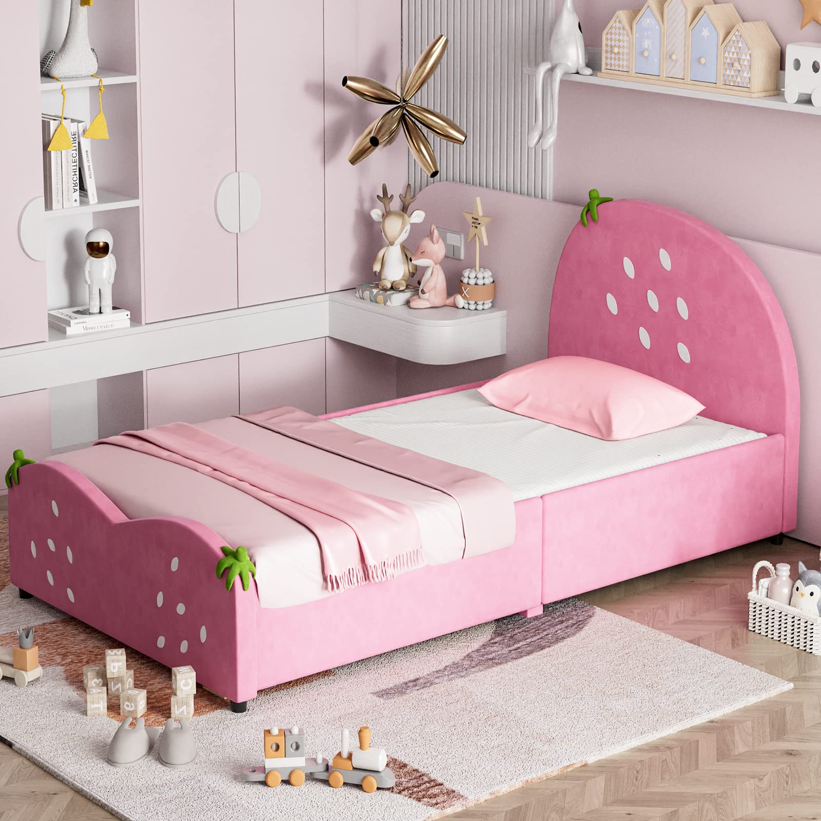 KOMFOTT Kids Twin Bed Frame with Headboard, Toddler Upholstered Platform Bed with Slatted Bed Base