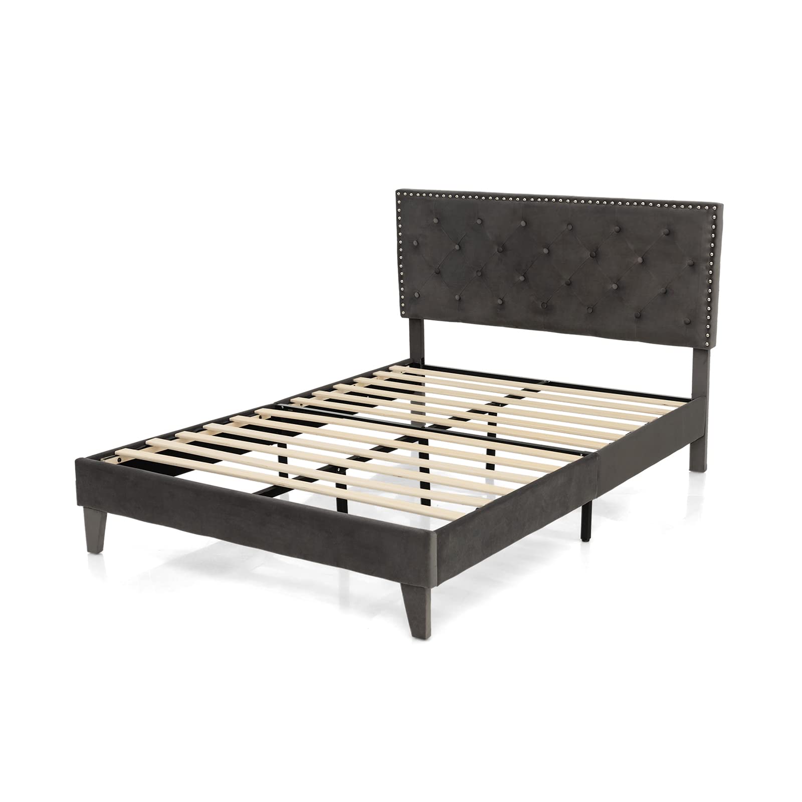 KOMFOTT Full/Queen Size Upholstered Bed Frame with Tufted Headboard & Soft-padded Footboard