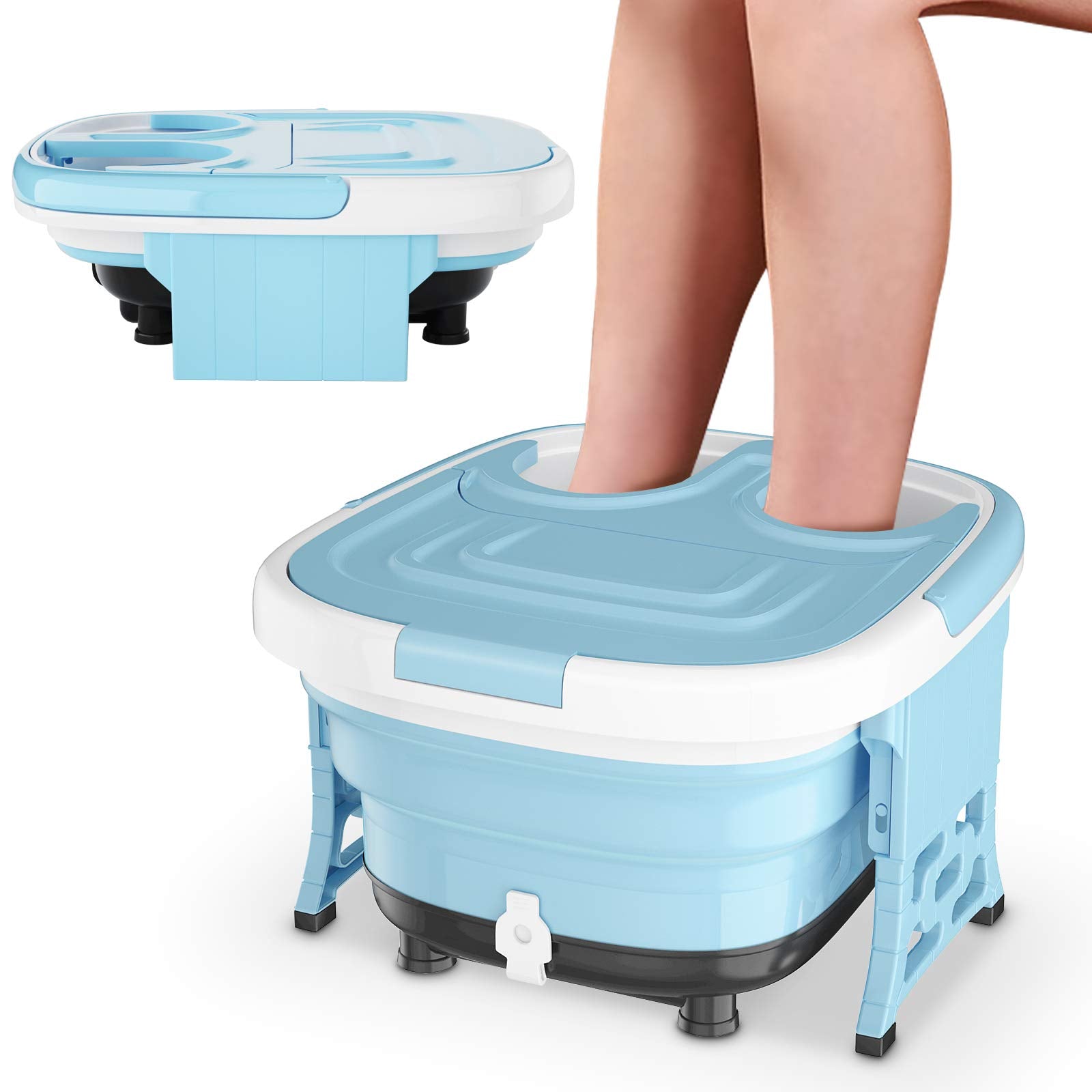 KOMFOTT Collapsible Foot Spa Bath Massager with Heat, Bubbles, 6 Motorized Shiatsu Rollers, Time & Temperature Settings, Folding Cover