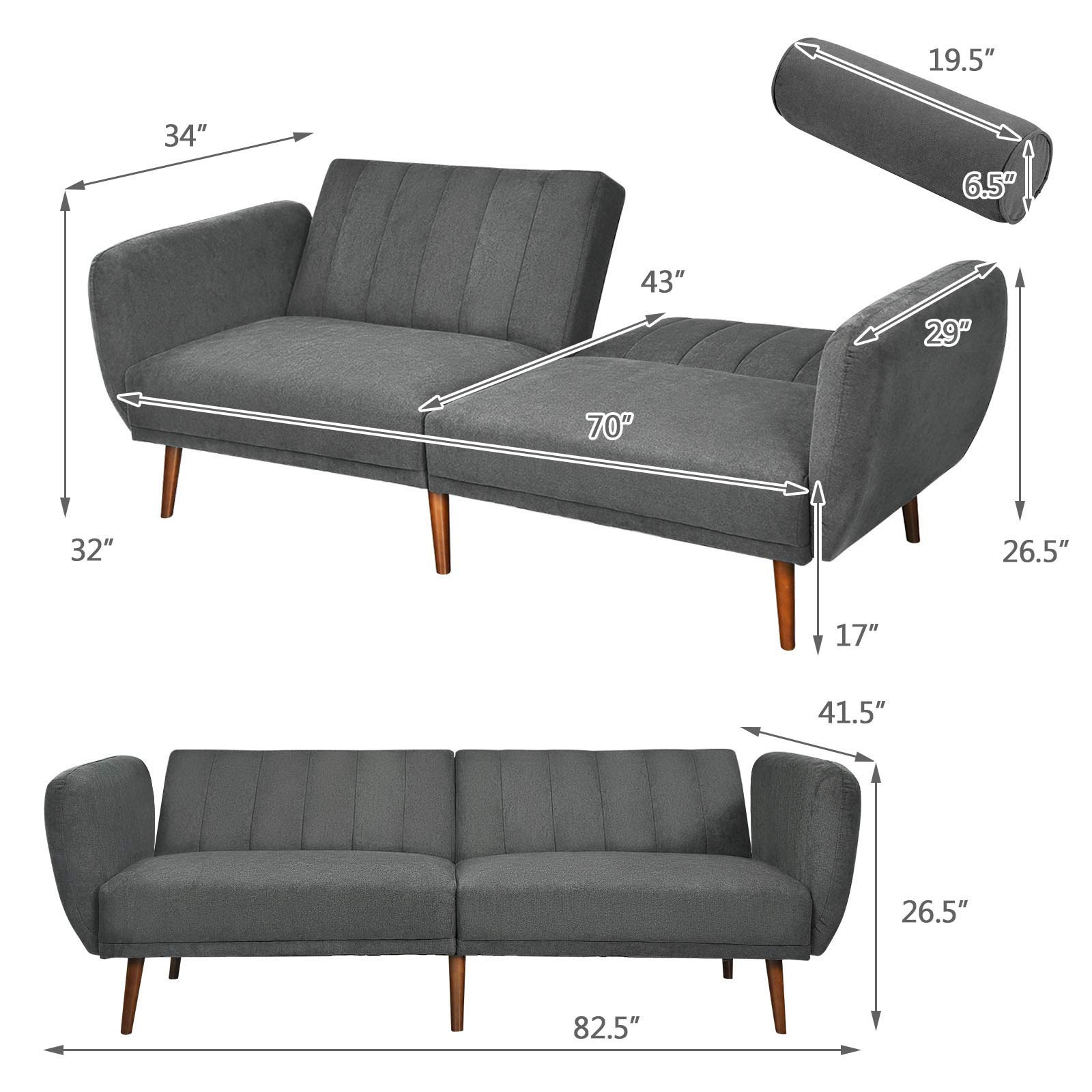 KOMFOTT Foldable Futon Sofa Bed, Convertible Sofa Couch Upholstered Futon Sleeper Sofa, 3-Level Angle Adjustable